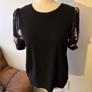 NWT CeCe Black Blouse with Pink Floral Sleeves